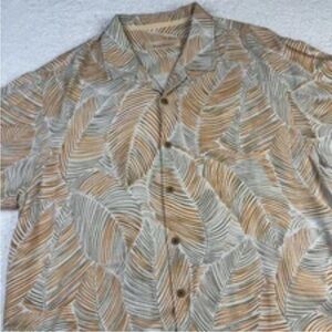 Tommy Bahama Mens‎ XL Silk Shirt Beige Palm Leaf Print Camp Collar Hawaiian